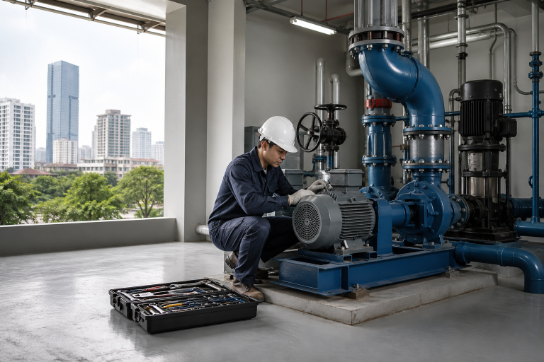 Kỹ thuật viên kiểm tra máy bơm công nghiệp trong phòng kỹ thuật tại Hà Nội