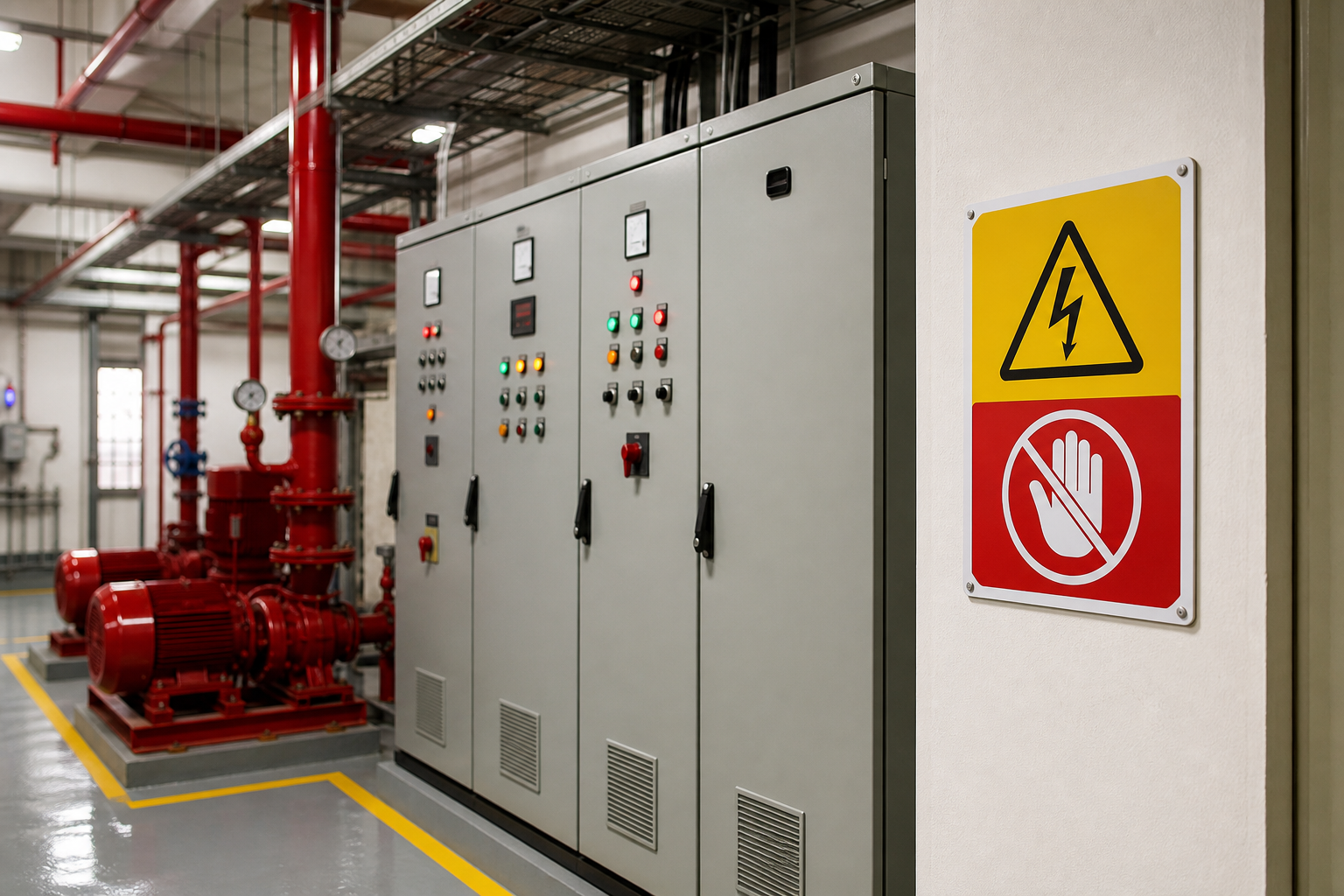 Vì sao tủ bơm PCCC cần biển cảnh báo an toàn điện riêng? - Máy bơm PCCC - Máy Bơm Nhập Khẩu Chính Hãng