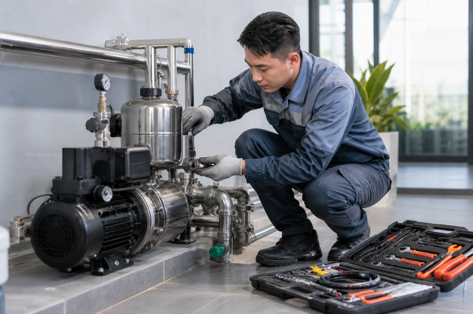 Kỹ thuật viên đang bảo dưỡng máy bơm nước định kỳ trong không gian kỹ thuật sạch sẽ