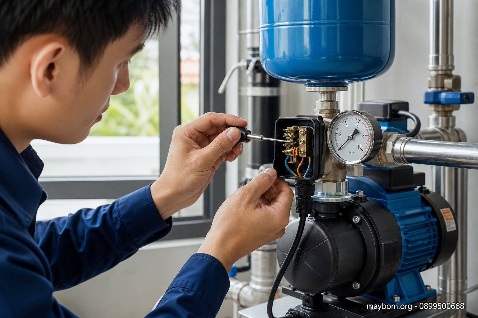 Cách cài rơ le áp suất máy bơm tăng áp chính xác