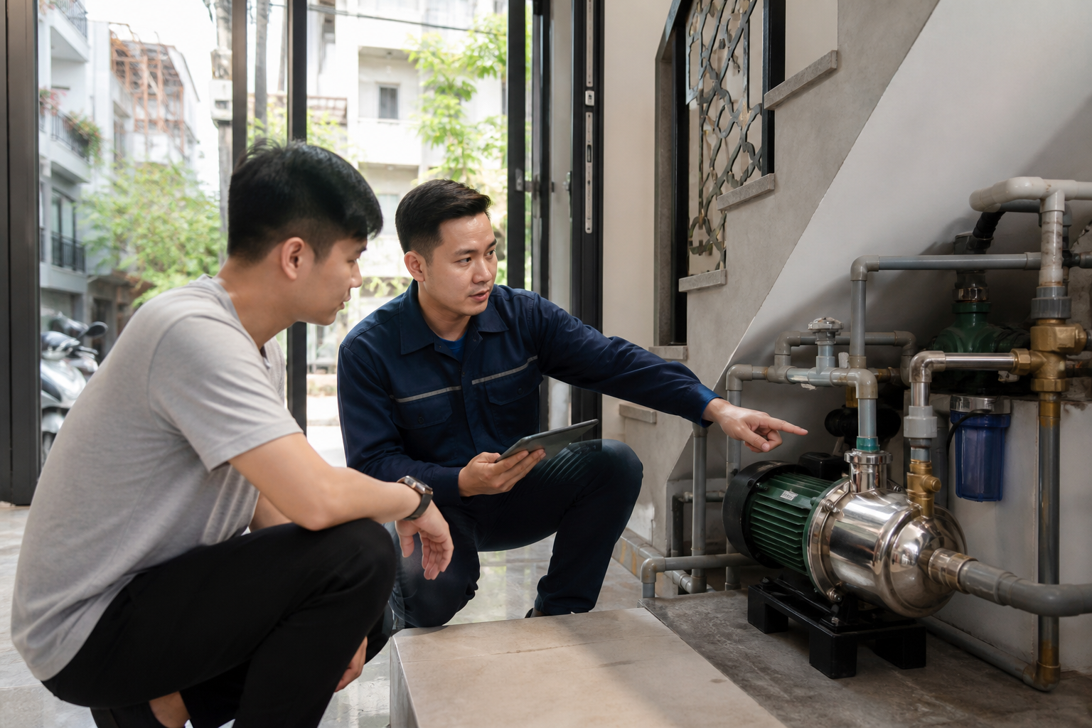 Tư vấn chọn máy bơm tăng áp cho nhà ống tại Hà Nội