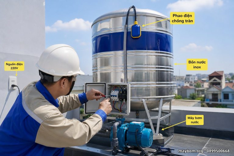 Cách đấu phao điện máy bơm nước tự động chống tràn bồn