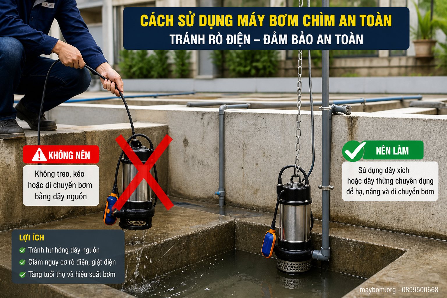 Không treo, kéo hoặc di chuyển bơm bằng dây nguồn