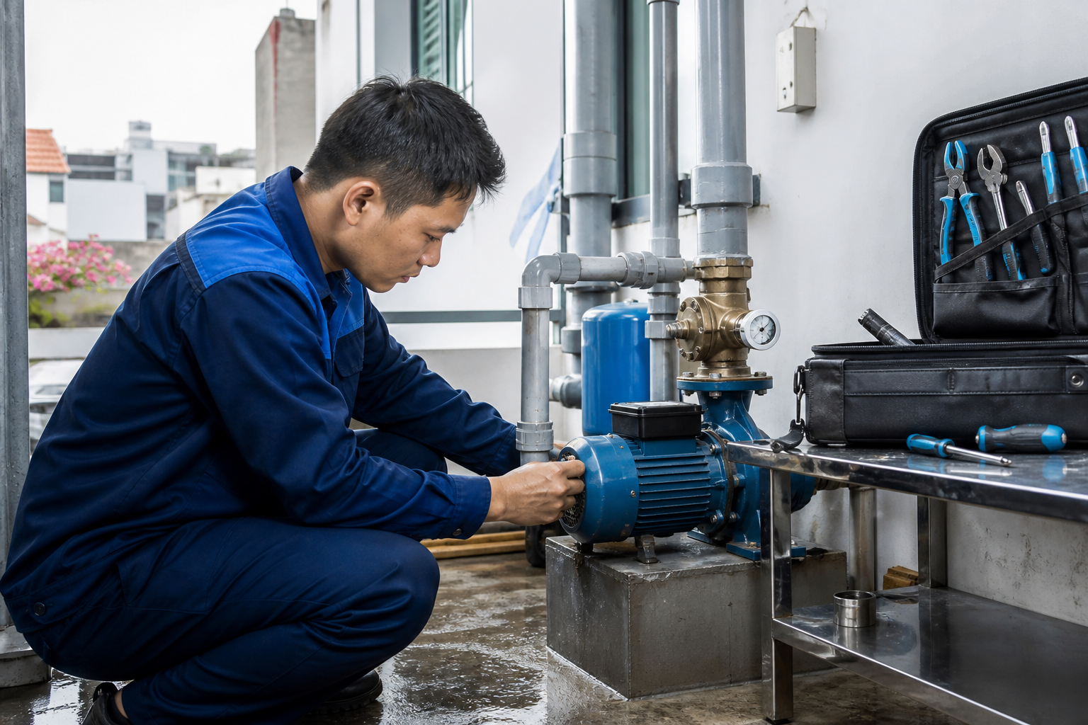Kỹ thuật viên kiểm tra phớt máy bơm nước bị rò rỉ trong không gian kỹ thuật sạch sẽ