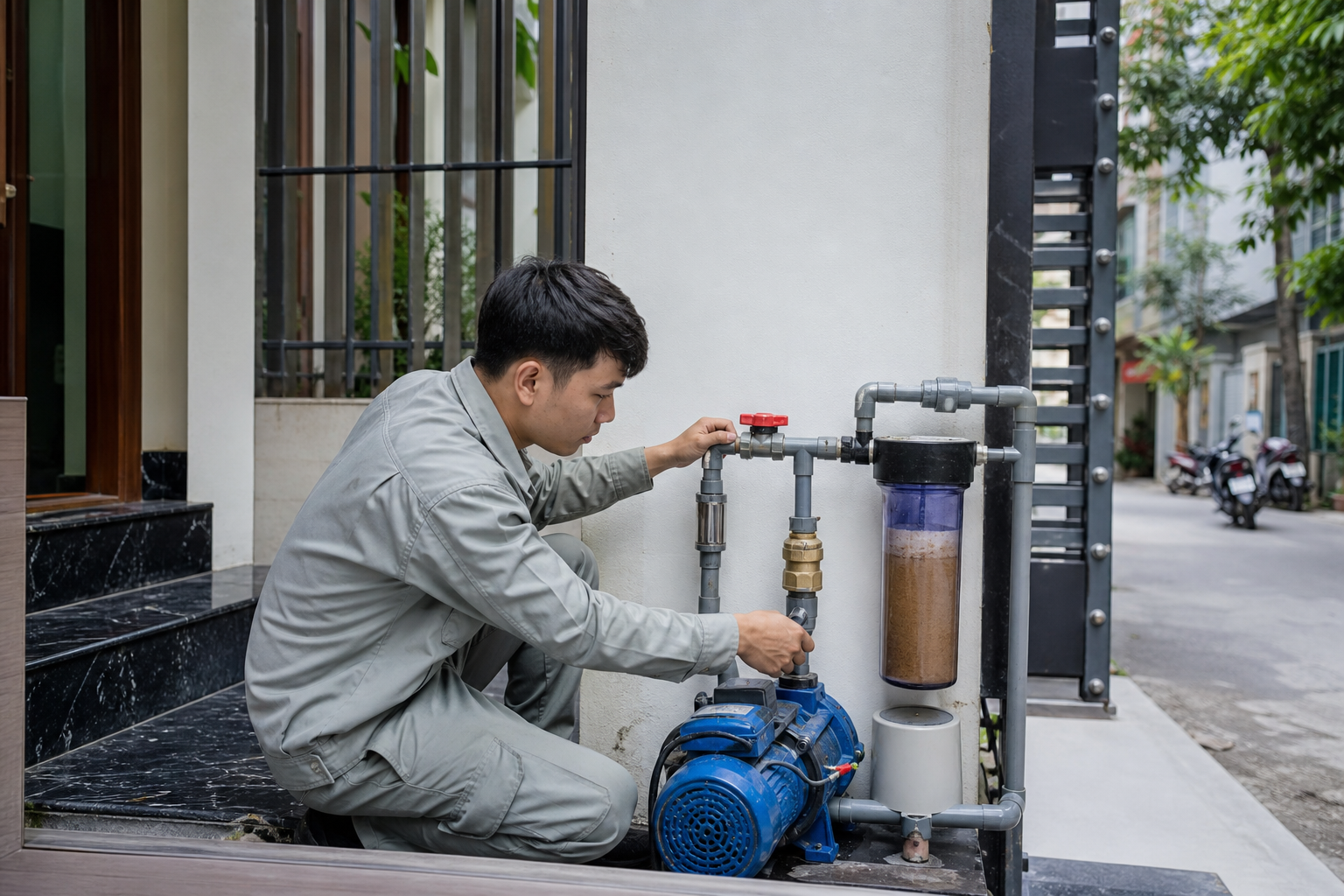 Kỹ thuật viên kiểm tra hệ thống máy bơm giếng khoan tại nhà ở Hà Nội