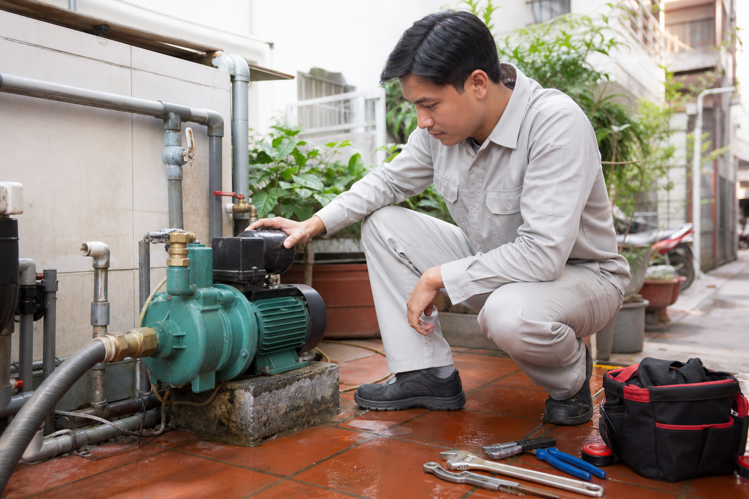 Kỹ thuật viên kiểm tra máy bơm nước rung mạnh trong không gian nhà ở tại Hà Nội