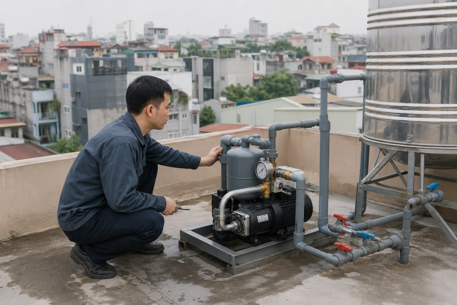 Chọn máy bơm cấp nước bể mái cho nhà trọ Hà Nội