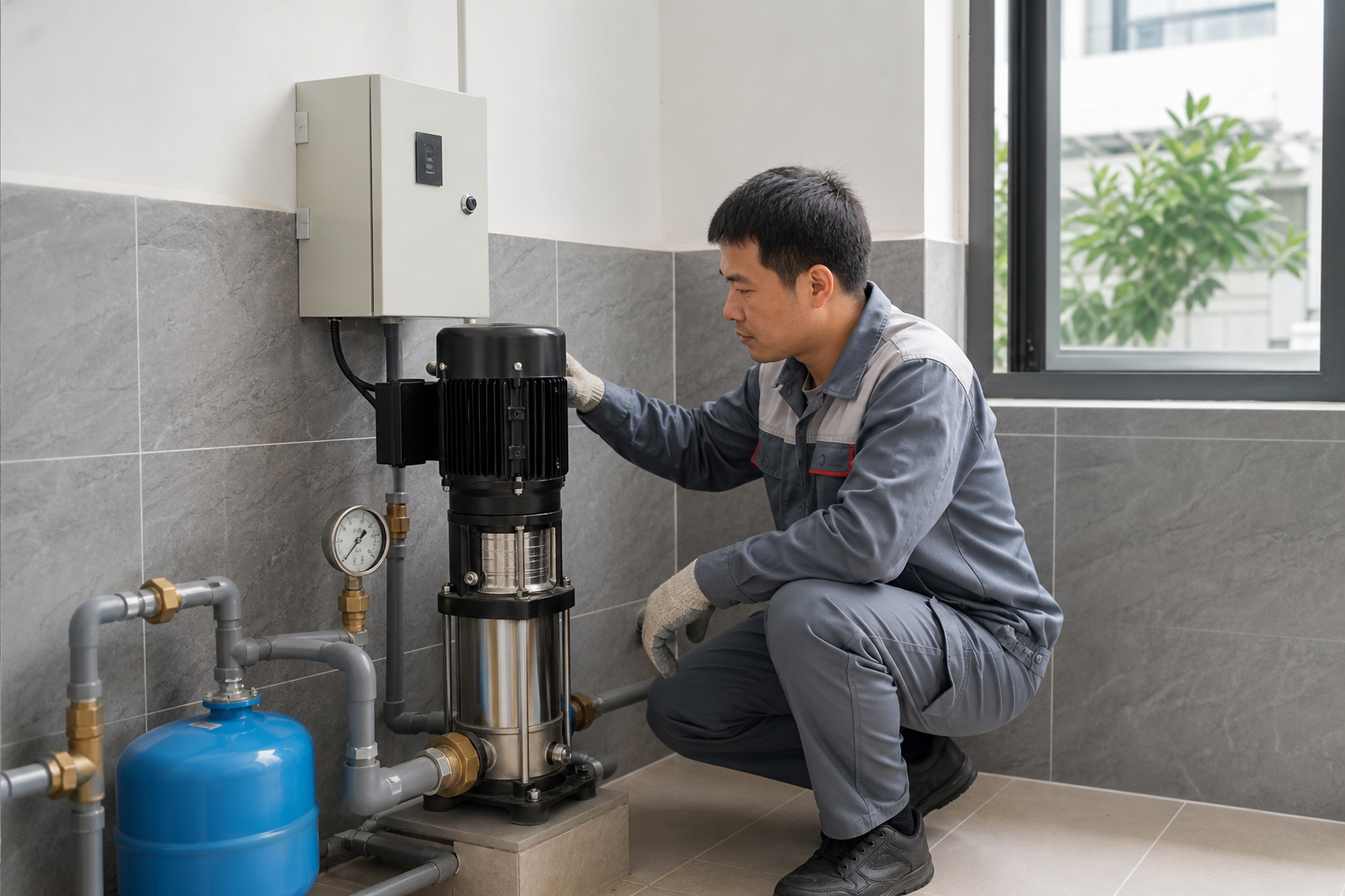 Kỹ thuật viên kiểm tra máy bơm giếng khoan tại Hà Nội