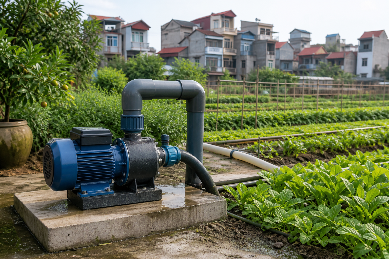 Máy bơm tưới tiêu lắp cạnh vườn rau tại Hà Nội