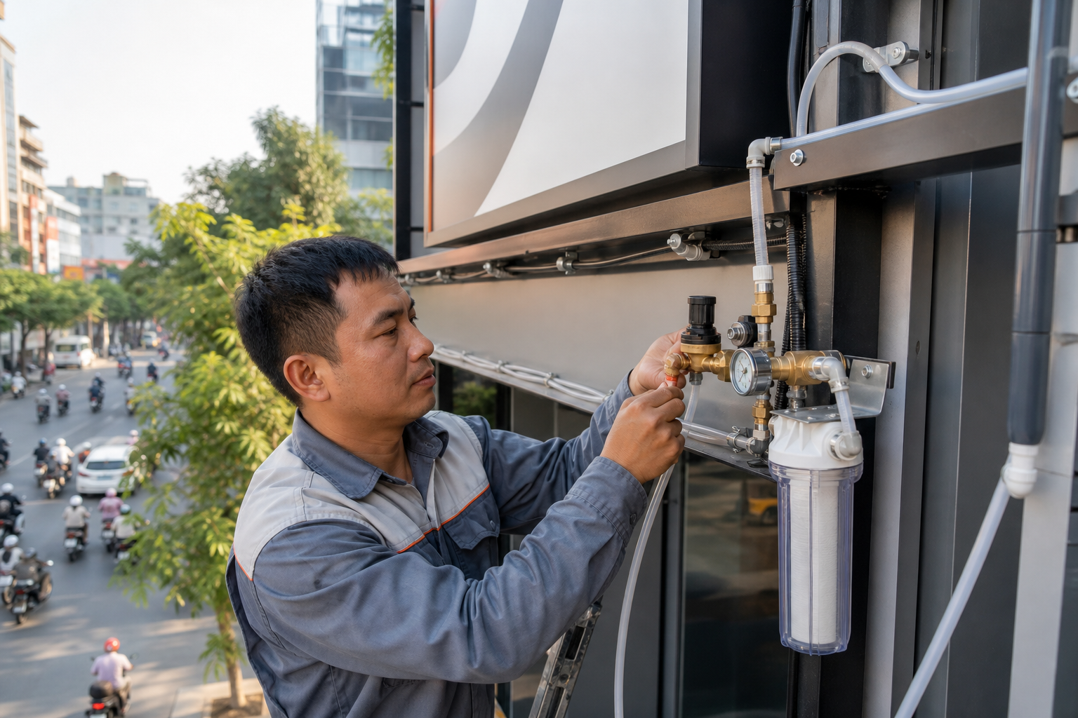 Vì sao hệ phun sương cho biển hiệu cần chọn đúng phụ kiện? - Phụ kiện máy bơm - Máy Bơm Nhập Khẩu Chính Hãng