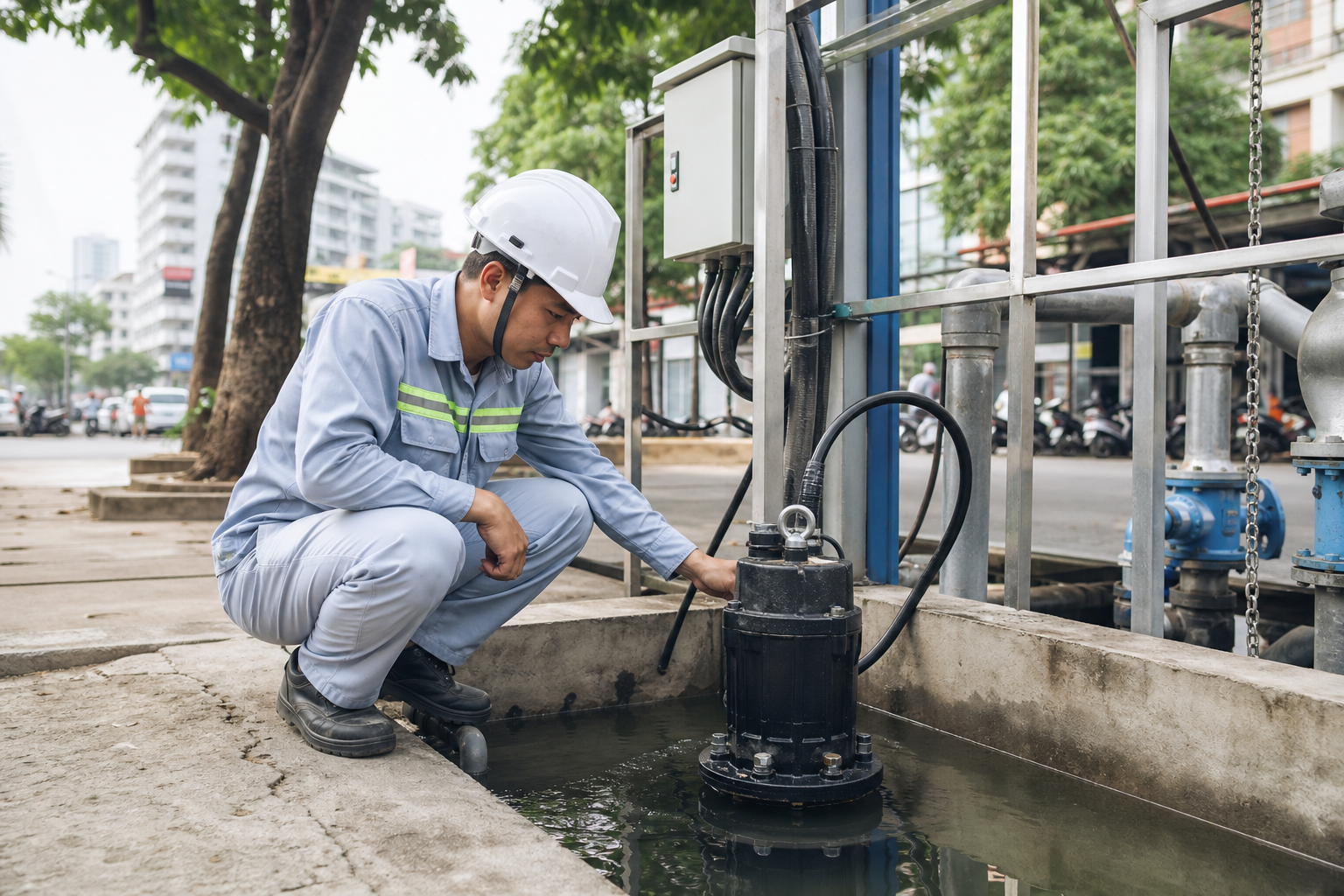 Kỹ thuật viên kiểm tra máy bơm chìm trong môi trường đô thị tại Hà Nội