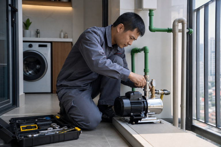 Kỹ thuật viên lắp đặt máy bơm tăng áp trong căn hộ chung cư tại Hà Nội