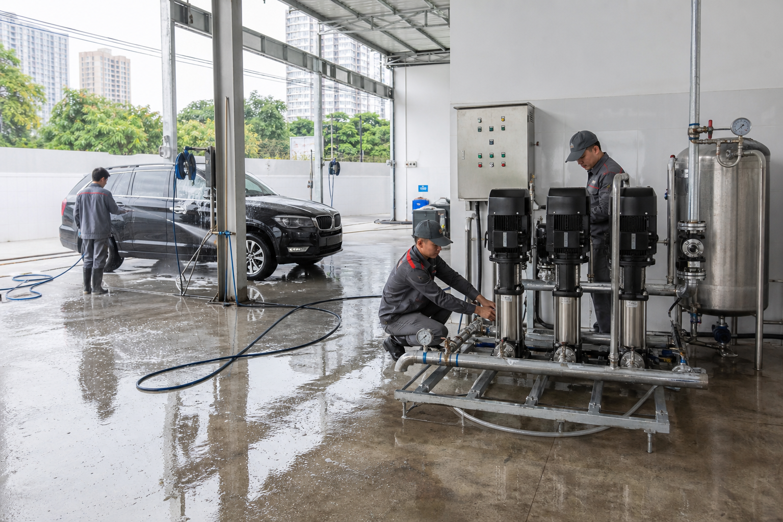 Máy bơm công nghiệp lắp cho gara rửa xe tại Hà Nội