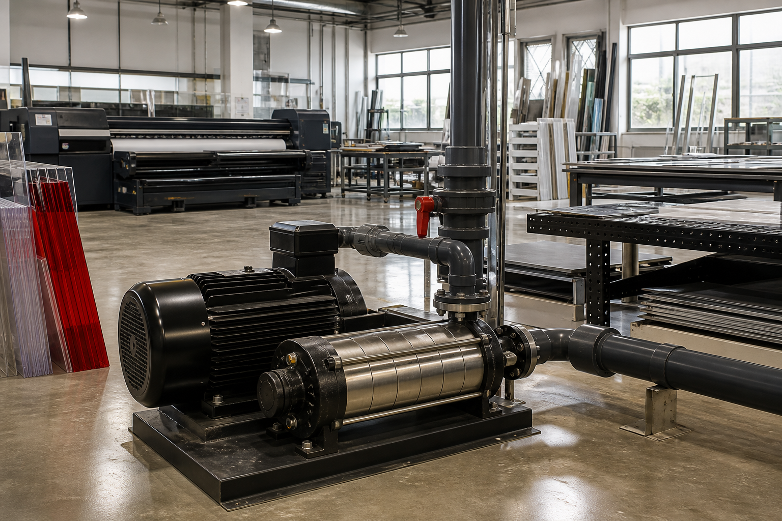 Máy bơm công nghiệp trong xưởng in quảng cáo tại Hà Nội