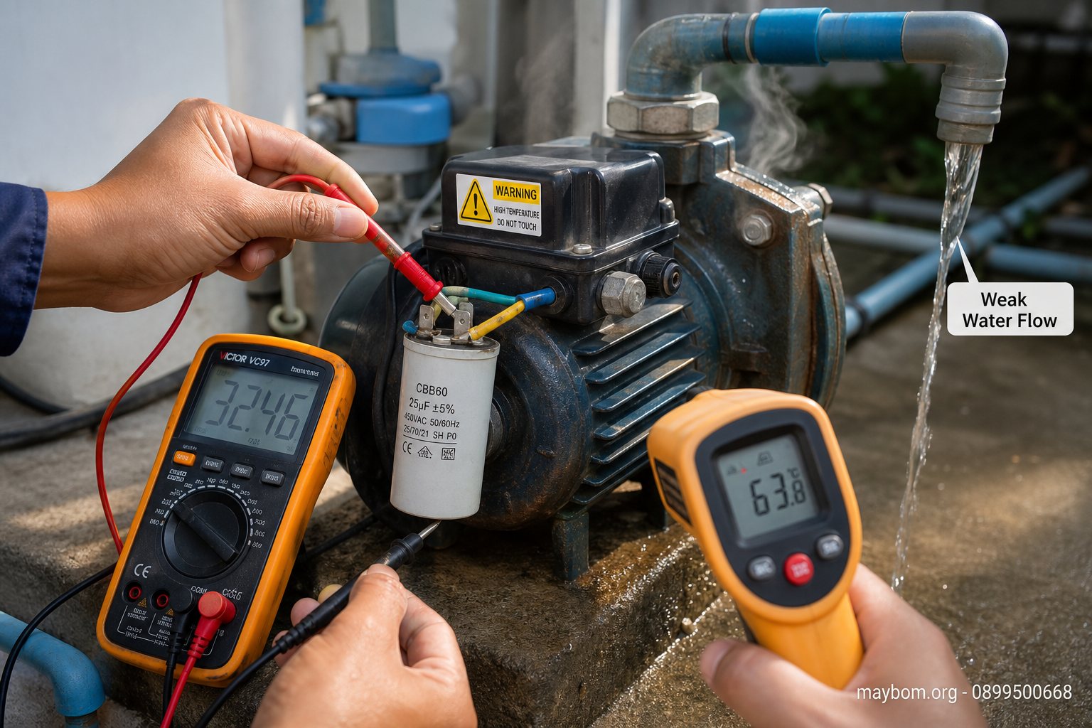 Motor yếu, tụ điện hỏng hoặc máy quá nóng