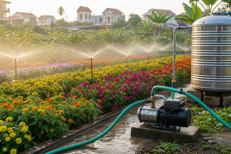 Máy bơm tưới hoa Tết tại Hà Nội cho vườn trồng theo luống