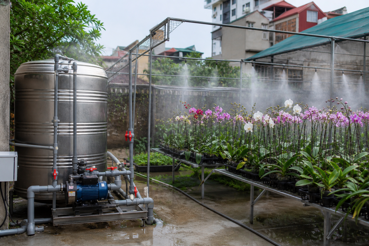 Máy bơm tưới vườn lan tại Hà Nội: chọn êm, ổn áp