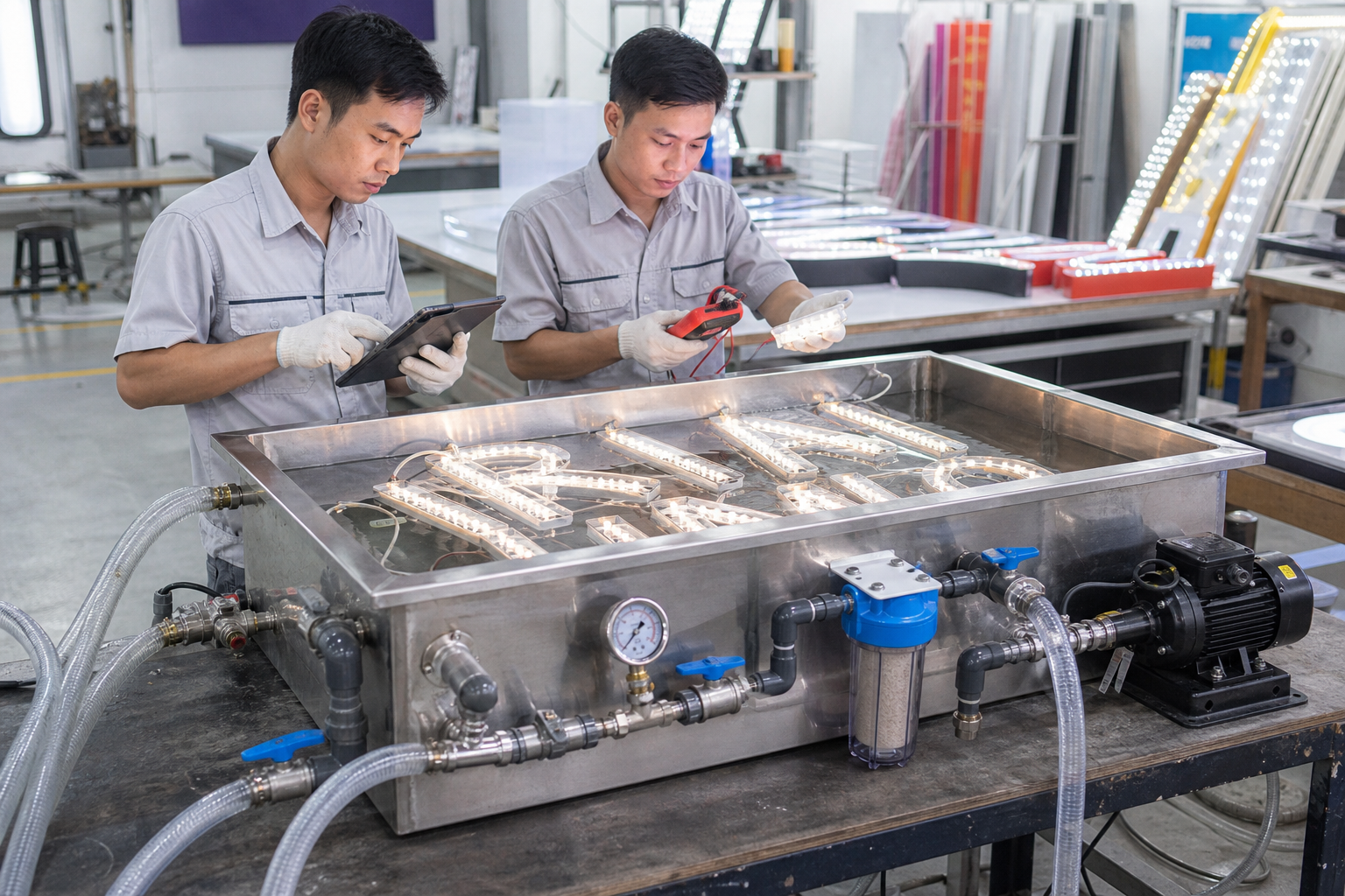 Bể thử kín nước biển hiệu LED cần phụ kiện máy bơm nào? - Phụ kiện máy bơm - Máy Bơm Nhập Khẩu Chính Hãng