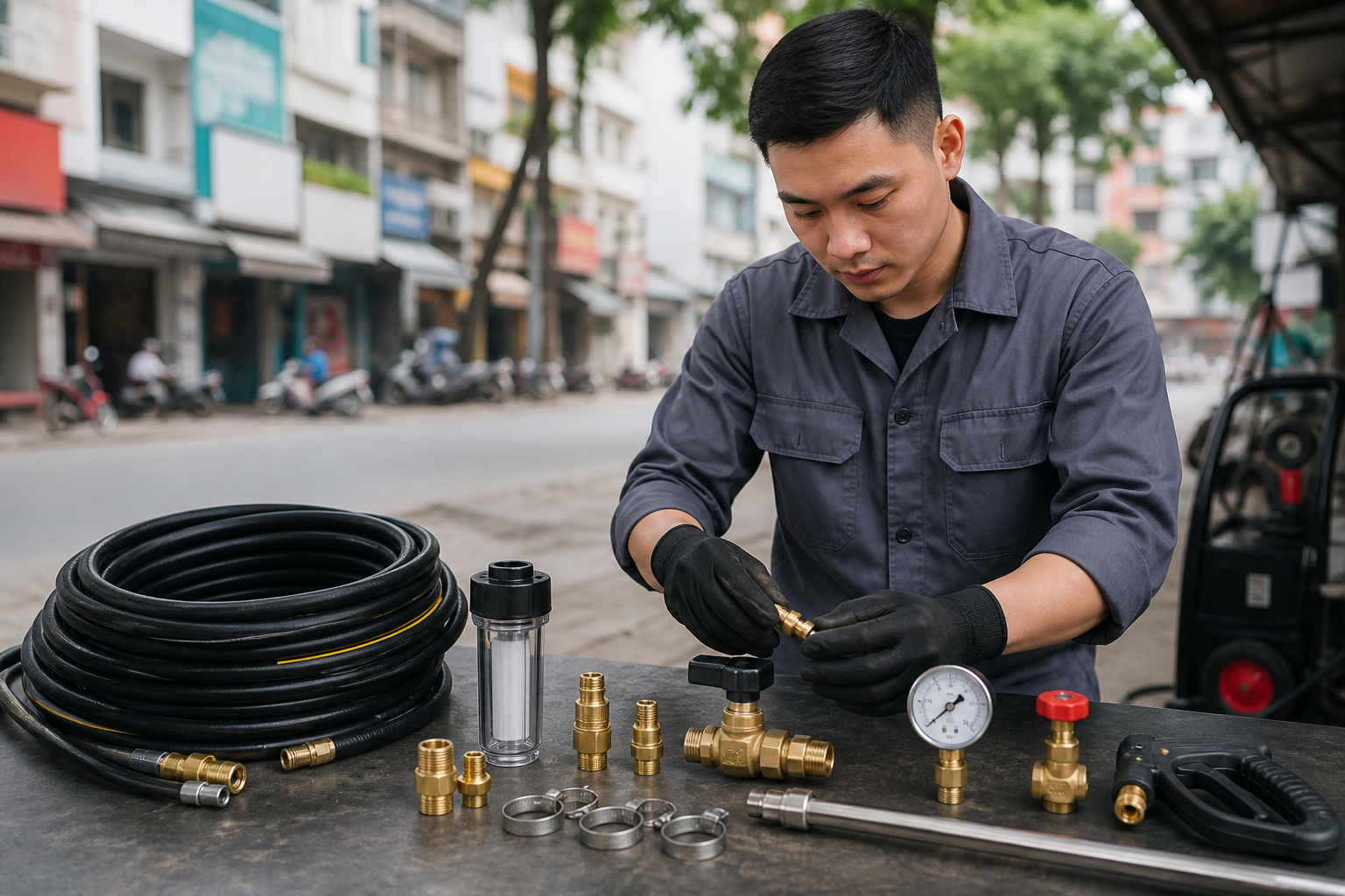 Bộ phụ kiện máy bơm tăng áp dùng vệ sinh biển hiệu tại Hà Nội