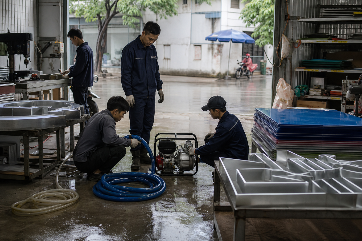Phụ kiện máy bơm thoát nước trong xưởng làm biển hiệu tại Hà Nội