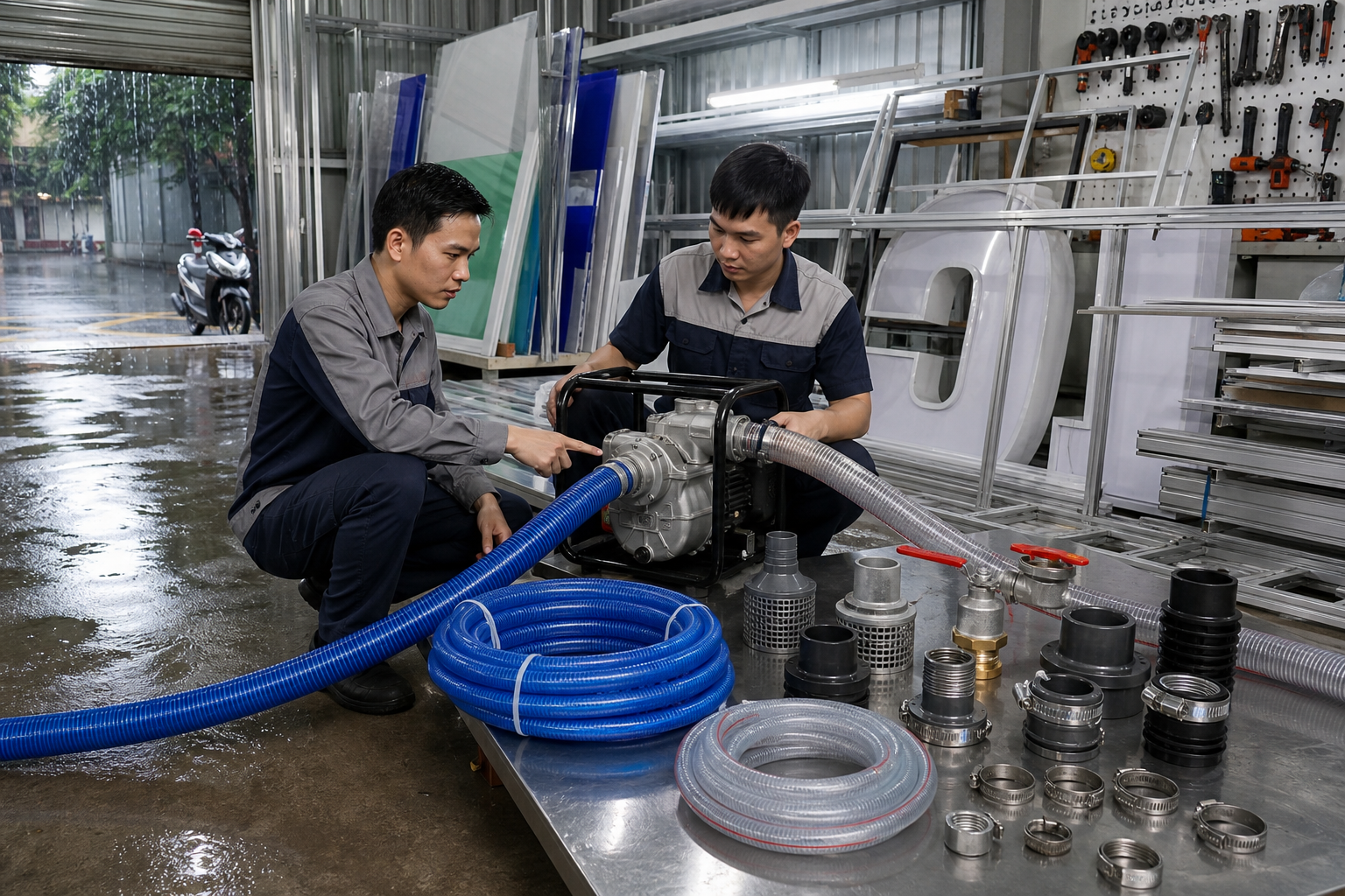 Vì sao xưởng biển hiệu tại Hà Nội cần chú ý phụ kiện thoát nước? - Phụ kiện máy bơm - Máy Bơm Nhập Khẩu Chính Hãng