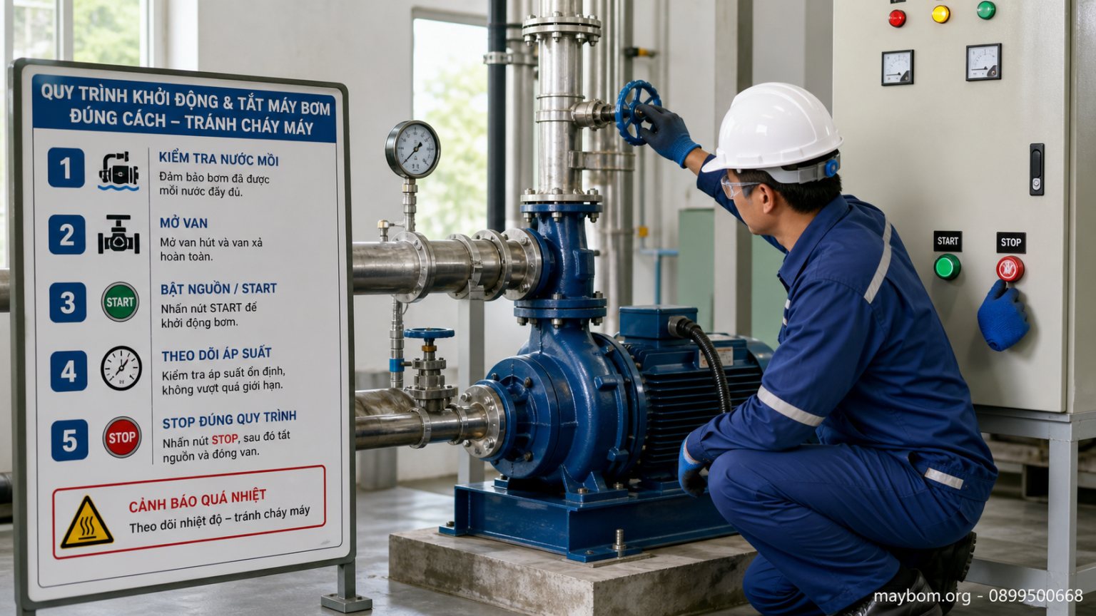 Quy trình khởi động và tắt máy bơm đúng cách, tránh cháy máy