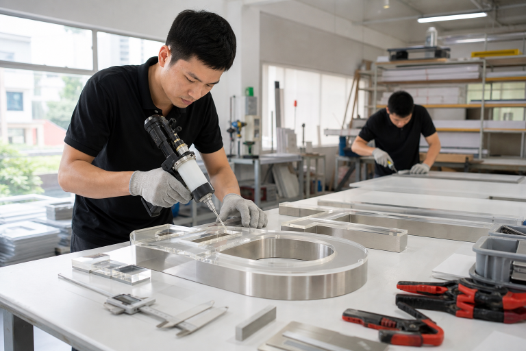 Máy bơm định lượng keo trong xưởng gia công chữ nổi tại Hà Nội
