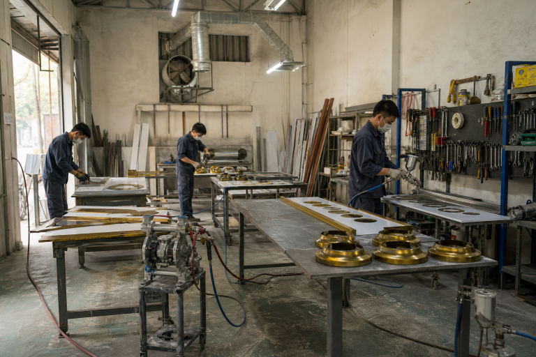 Máy bơm màng phun sơn trong xưởng sản xuất biển hiệu tại Hà Nội