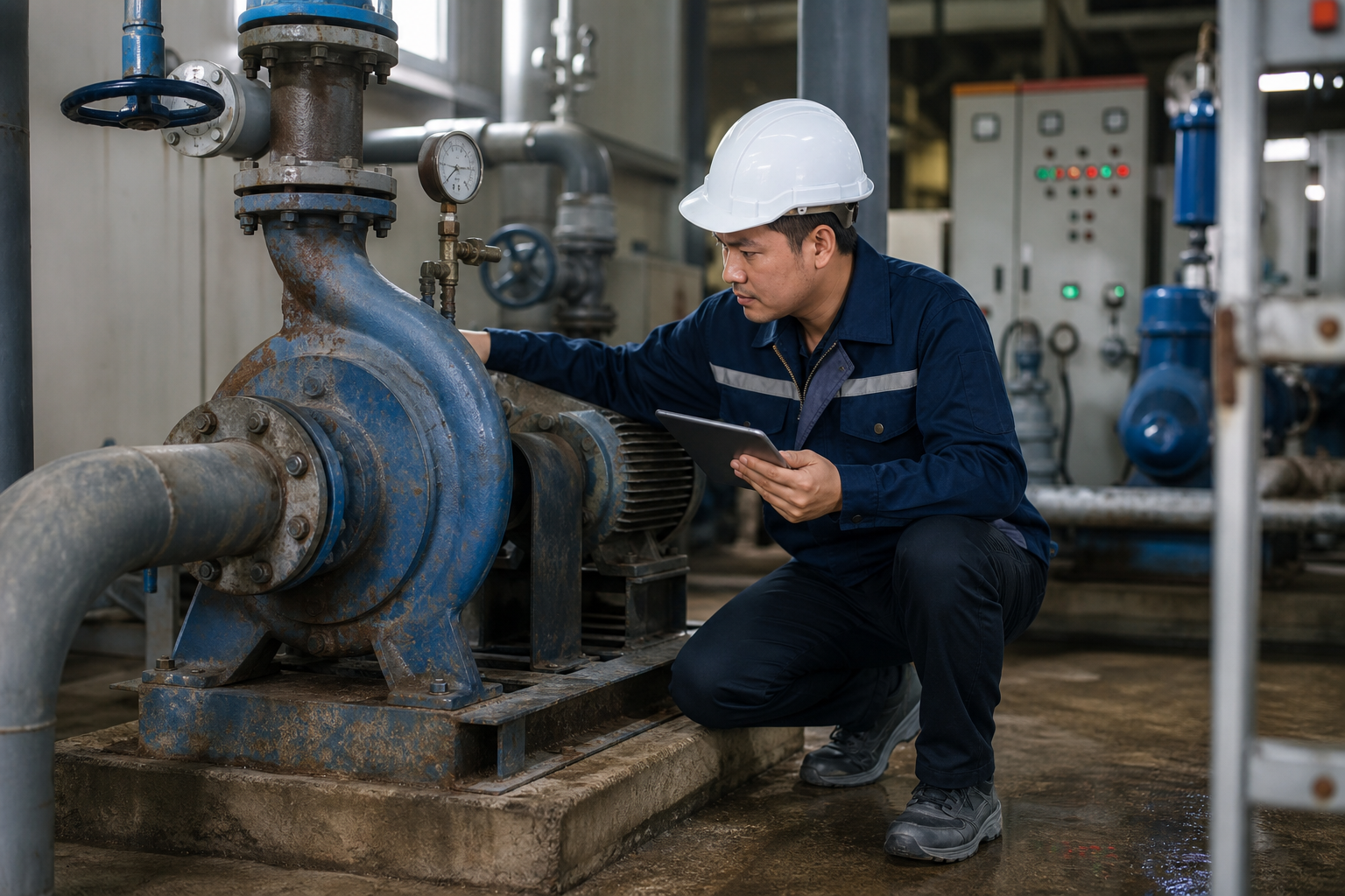 Kỹ thuật viên kiểm tra máy bơm ly tâm cũ trong nhà xưởng tại Hà Nội