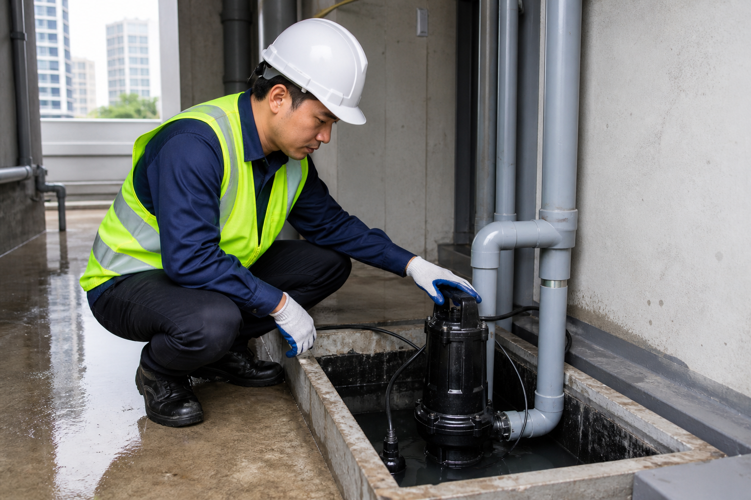 Kỹ thuật viên kiểm tra máy bơm chìm trong hố gom tầng hầm tại Hà Nội