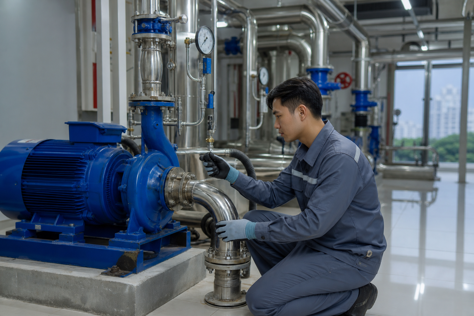 Kỹ thuật viên kiểm tra máy bơm ly tâm rung ồn trong phòng bơm khách sạn tại Hà Nội