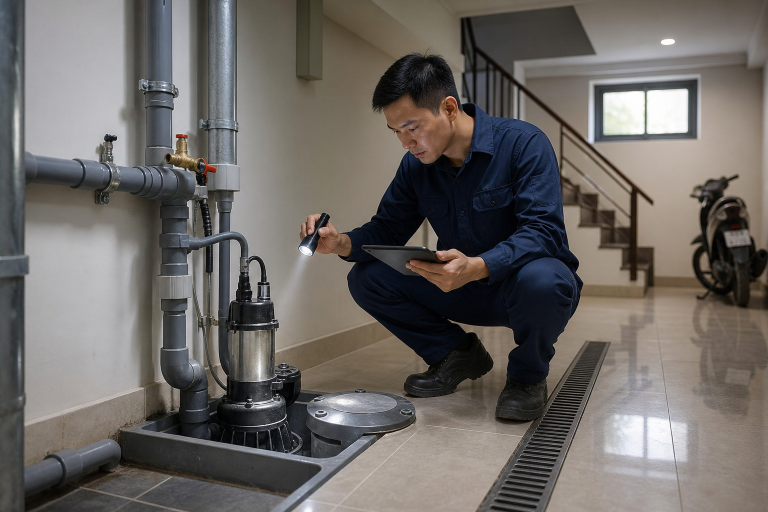 Máy bơm nước thải lắp cho hố thu nhà phố tại Hà Nội