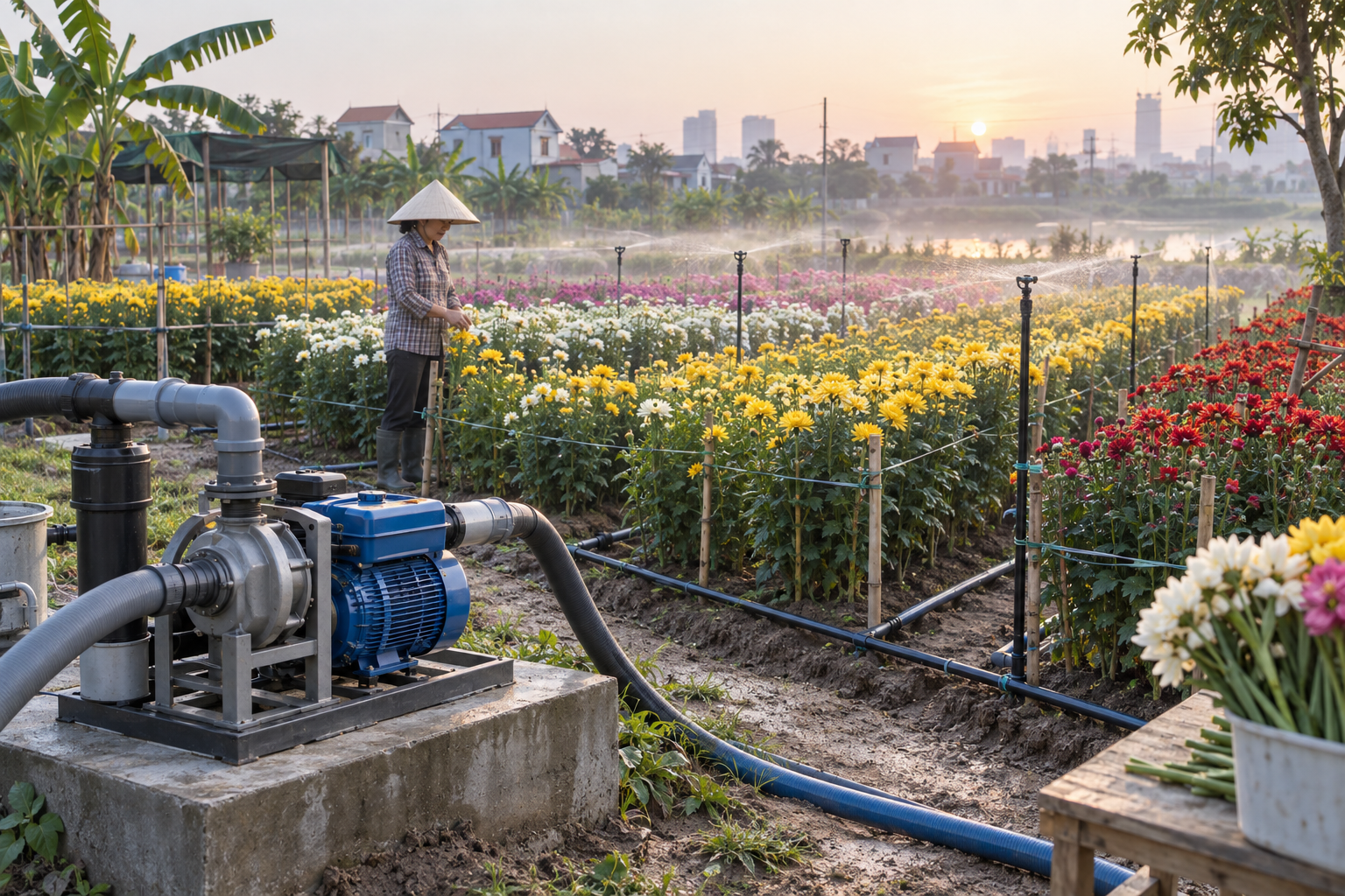 Chọn máy bơm tưới tiêu cho vườn hoa cắt cành Hà Nội
