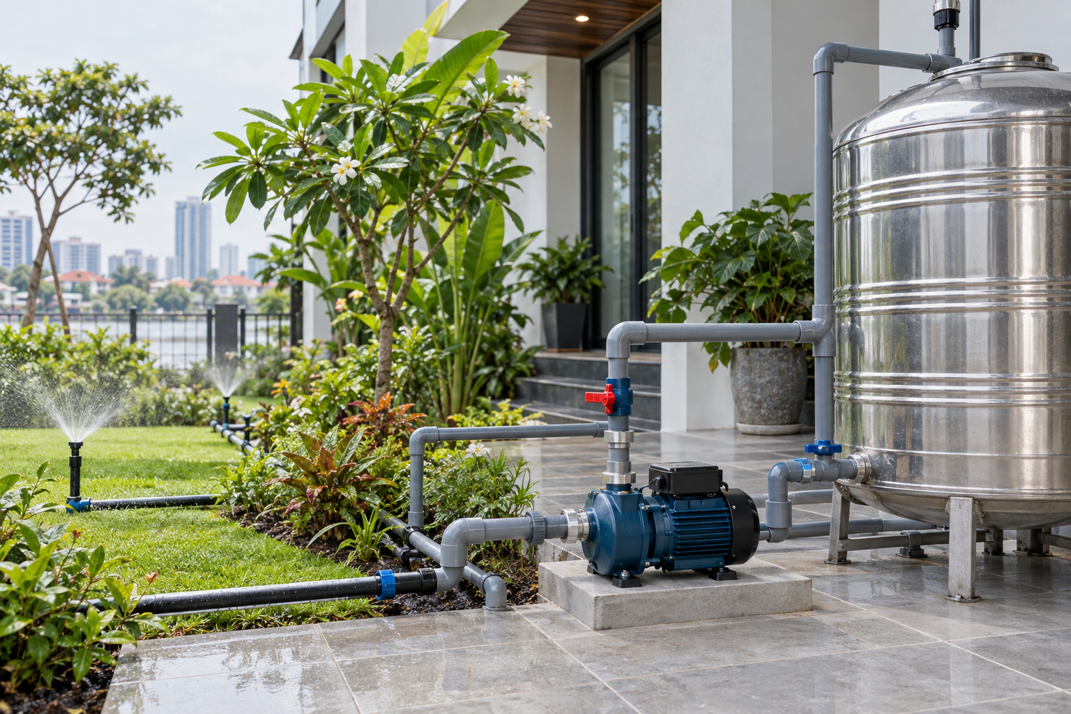 Máy bơm tưới tiêu dùng nước bể chứa cho sân vườn tại Hà Nội