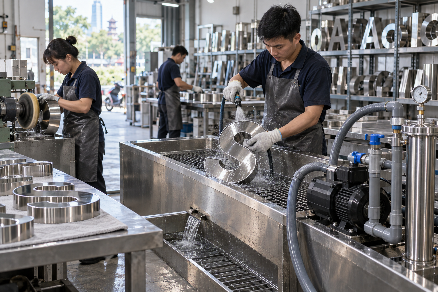 Nhu cầu dùng nước trong xưởng gia công chữ inox - Máy bơm công nghiệp - Máy Bơm Nhập Khẩu Chính Hãng