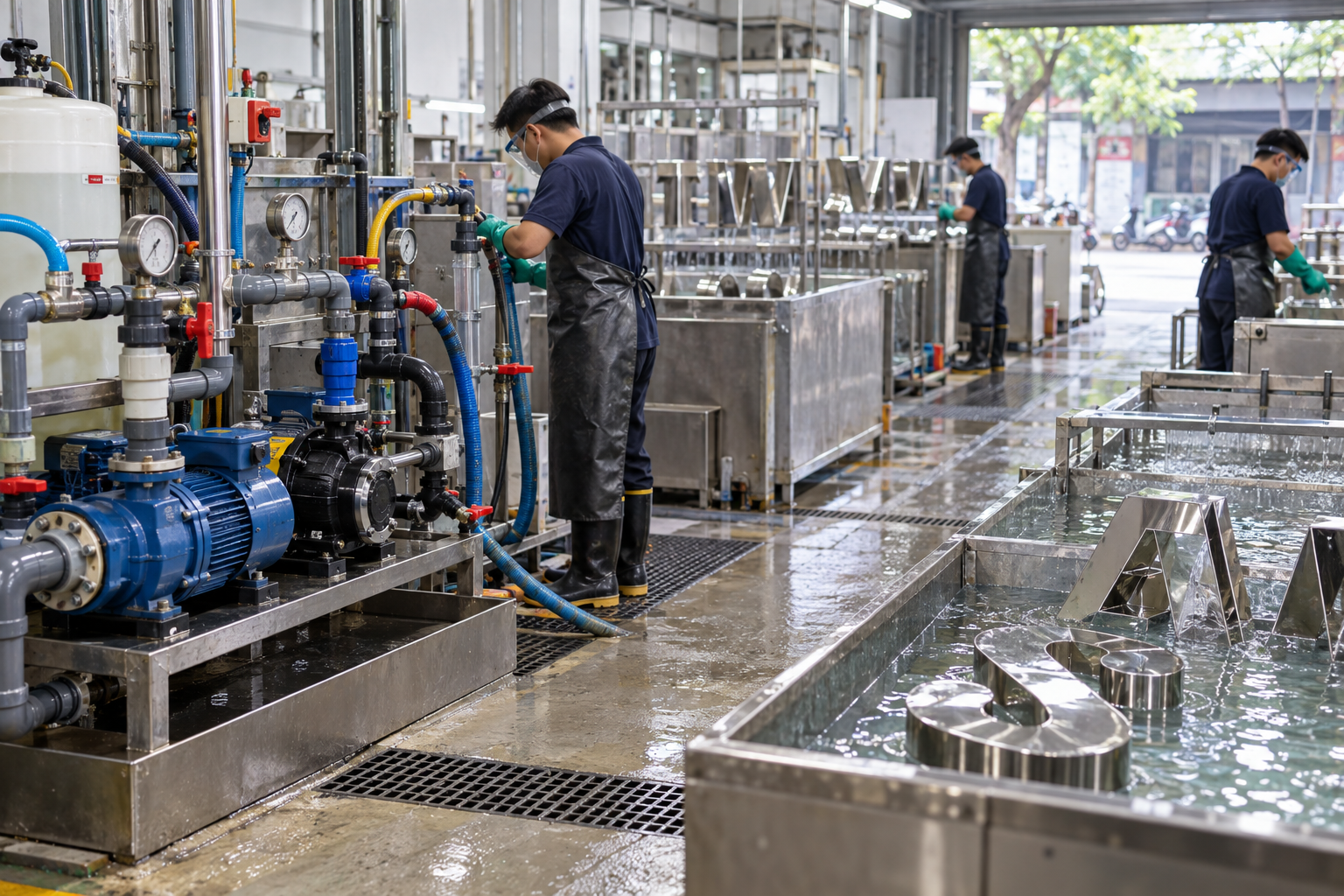 Vì sao xưởng xi mạ chữ inox cần chọn bơm kỹ hơn bơm nước thường? - Máy bơm công nghiệp - Máy Bơm Nhập Khẩu Chính Hãng