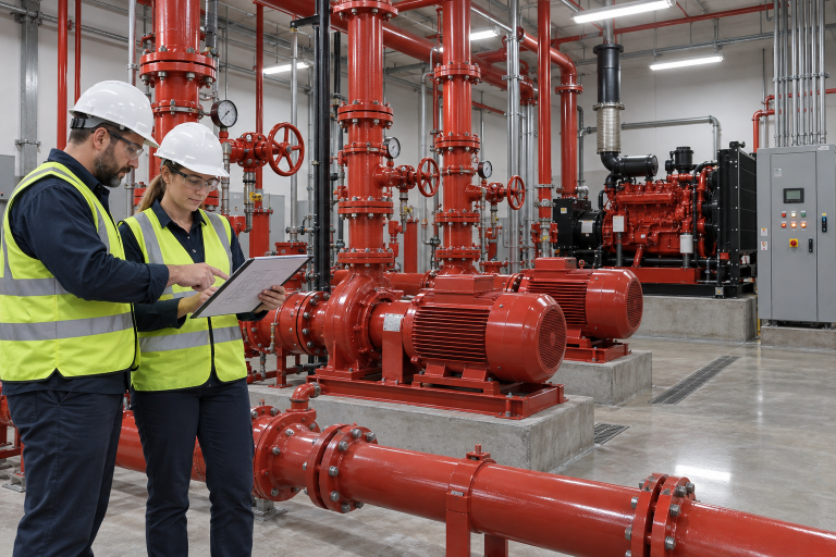Phòng máy bơm PCCC với cụm bơm, đồng hồ áp và tủ điều khiển