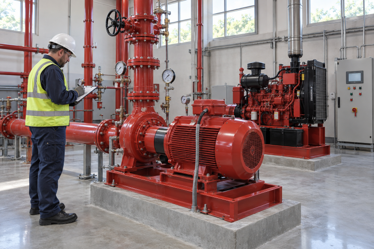 Kỹ thuật viên kiểm tra máy bơm PCCC tại phòng bơm